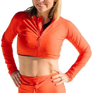 image:imageSwimZip Womens Long Sleeve Crop Top Rash Guard Swim Shirt  UPF 50 with ZipperFiesta Red