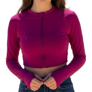 image:imageSwimZip Womens Long Sleeve Crop Top Rash Guard Swim Shirt  UPF 50 with ZipperFuchsia