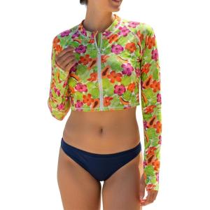 image:imageSwimZip Womens Long Sleeve Crop Top Rash Guard Swim Shirt  UPF 50 with ZipperHibiscus