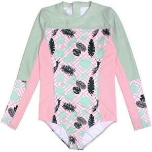 image:imageSwimZip Girls Long Sleeve OnePiece Swimsuit with UPF 50 Sun ProtectionPink Palm