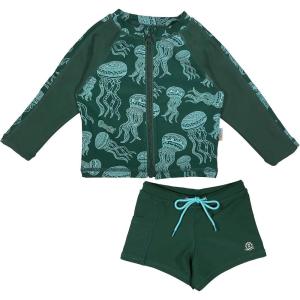 image:imageSwimZip Kids Long Sleeve Rash Guard  Euro Shorties UPF 50 Swimsuit SetGreen