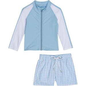 image:imageSwimZip Boys Long Sleeve Rash Guard amp Swim Shorts Set  UPF 50 Sun ProtectionBlue Gingham