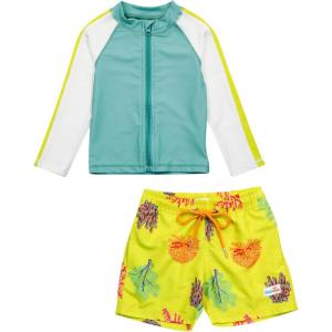 image:imageSwimZip Boys Long Sleeve Rash Guard amp Swim Shorts Set  UPF 50 Sun ProtectionCoral
