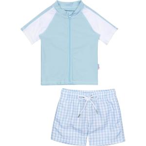 image:imageSwimZip Boys Short Sleeve Rash Guard amp Swim Shorts Set  UPF 50 Sun ProtectionBlue Gingham
