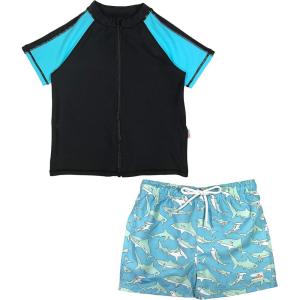 image:imageSwimZip Boys Short Sleeve Rash Guard amp Swim Shorts Set  UPF 50 Sun ProtectionDeep Blue Sharks