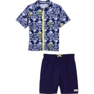 image:imageSwimZip Boys Short Sleeve Rash Guard amp Swim Shorts Set  UPF 50 Sun ProtectionFish Bone Blue