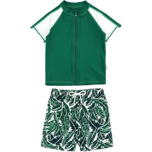 image:imageSwimZip Boys Short Sleeve Rash Guard amp Swim Shorts Set  UPF 50 Sun ProtectionPalm Leaf