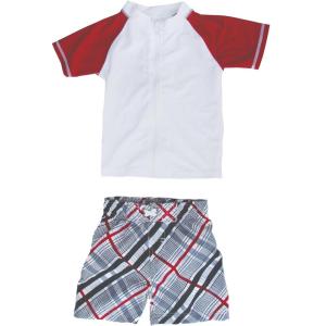 image:imageSwimZip Boys Short Sleeve Rash Guard amp Swim Shorts Set  UPF 50 Sun ProtectionSurfer Dude Red