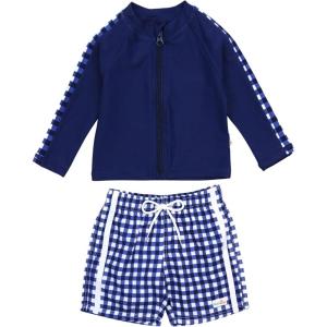 image:imageSwimZip Boys Long Sleeve Rash Guard amp Swim Shorts Set  UPF 50 Sun ProtectionNavy Gingham