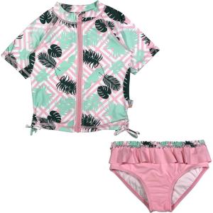 image:imageSwimZip Baby Rash Guard Set  Girl Short Sleeve 2 Piece Swimsuit with SPFPink Palm