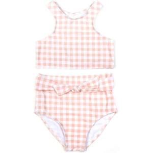 image:imageSwimZip Girls Halter Top and Bikini Bottom 2 Piece Set UPF 50 Sun ProtectionPeach Gingham