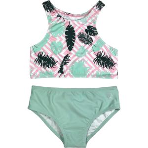 image:imageSwimZip Girls Halter Top and Bikini Bottom 2 Piece Set UPF 50 Sun ProtectionPink and Mint Palm
