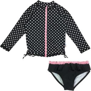 image:imageSwimZip Girls Long Sleeve Rash Guard and Bikini Bottoms Swimsuit Set  UPF 50Black Polka Dot
