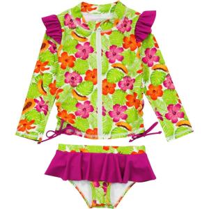 image:imageSwimZip Girls Long Sleeve Rash Guard and Bikini Bottoms Swimsuit Set  UPF 50Hibiscus