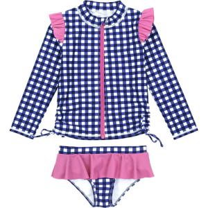 image:imageSwimZip Girls Long Sleeve Rash Guard and Bikini Bottoms Swimsuit Set  UPF 50Navy Gingham