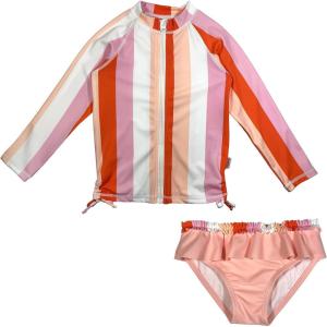 image:imageSwimZip Girls Long Sleeve Rash Guard and Bikini Bottoms Swimsuit Set  UPF 50Peach Stripe