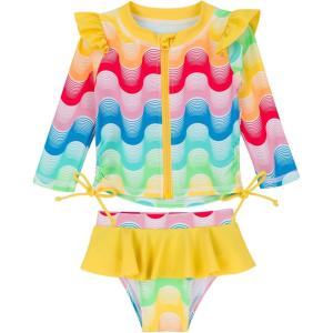 image:imageSwimZip Girls Long Sleeve Rash Guard and Bikini Bottoms Swimsuit Set  UPF 50Surfs Up