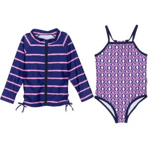 image:imageSwimZip Girl Long Sleeve Rash Guard amp 1 Piece Swimsuit Set  Blue Diamonds  2T