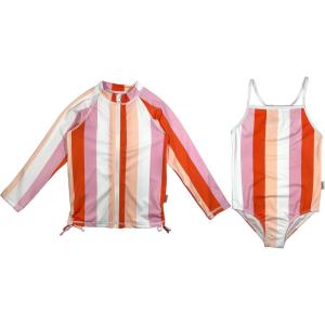 image:imageSwimZip Girls Long Sleeve Rash Guard amp 1Piece Swimsuit  UPF 50 Sun ProtectionPeach Stripe