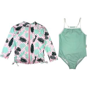 image:imageSwimZip Girls Long Sleeve Rash Guard amp 1Piece Swimsuit  UPF 50 Sun ProtectionPink Palm