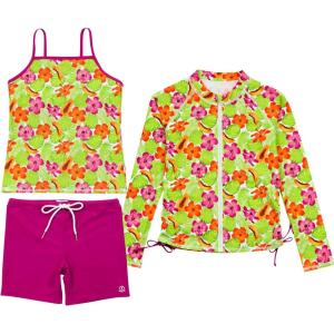 image:imageSwimZip Girls 3 Pc Swim Set wLong Sleeve Rash Guard Tankini amp Shorts UPF 50Hibiscus