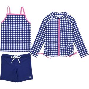 image:imageSwimZip Girls 3 Pc Swim Set wLong Sleeve Rash Guard Tankini amp Shorts UPF 50Navy Gingham