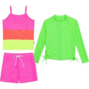 image:imageSwimZip Girls 3 Pc Swim Set wLong Sleeve Rash Guard Tankini amp Shorts UPF 50Neon Sunrise