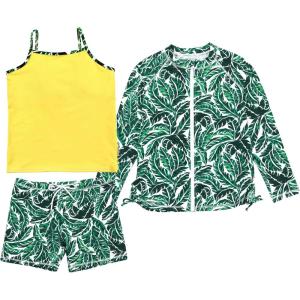 image:imageSwimZip Girls 3 Pc Swim Set wLong Sleeve Rash Guard Tankini amp Shorts UPF 50Palm Leaf