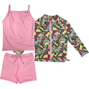 image:imageSwimZip Girls 3 Pc Swim Set wLong Sleeve Rash Guard Tankini amp Shorts UPF 50PinkVariety
