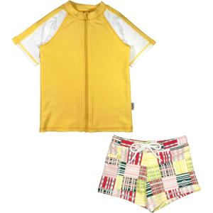image:imageSwimZip Kids Short Sleeve Rash Guard  Euro Shorties UPF 50 Swimsuit SetMadras Mania