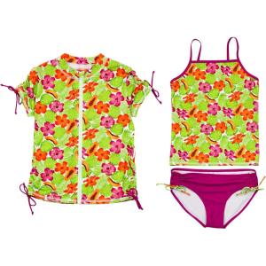 image:imageSwimZip Girls Short Sleeve Rash Guard with Tankini amp BottomsHibiscus